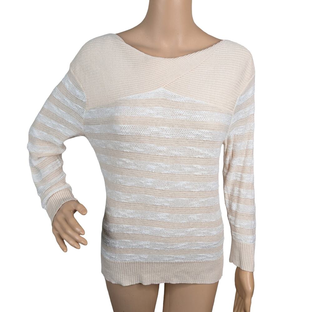 VTG Marc Jacobs Y2K Striped Cotton Linen Sweater S | Beige White Boat Neck Twee